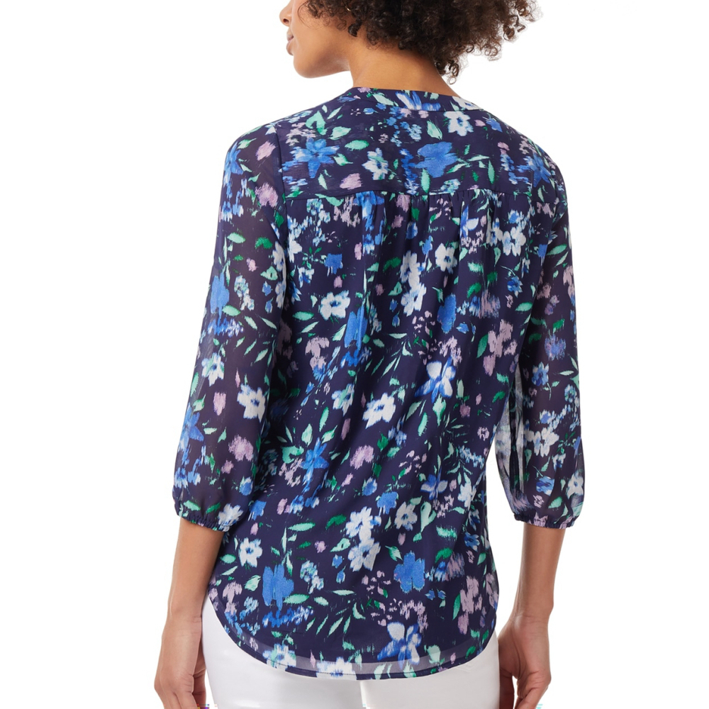 Jones New York Women's Petite Small Blue Floral-Print V-Neck 3/4-Sleeve Top NWT - Picture 2 of 5